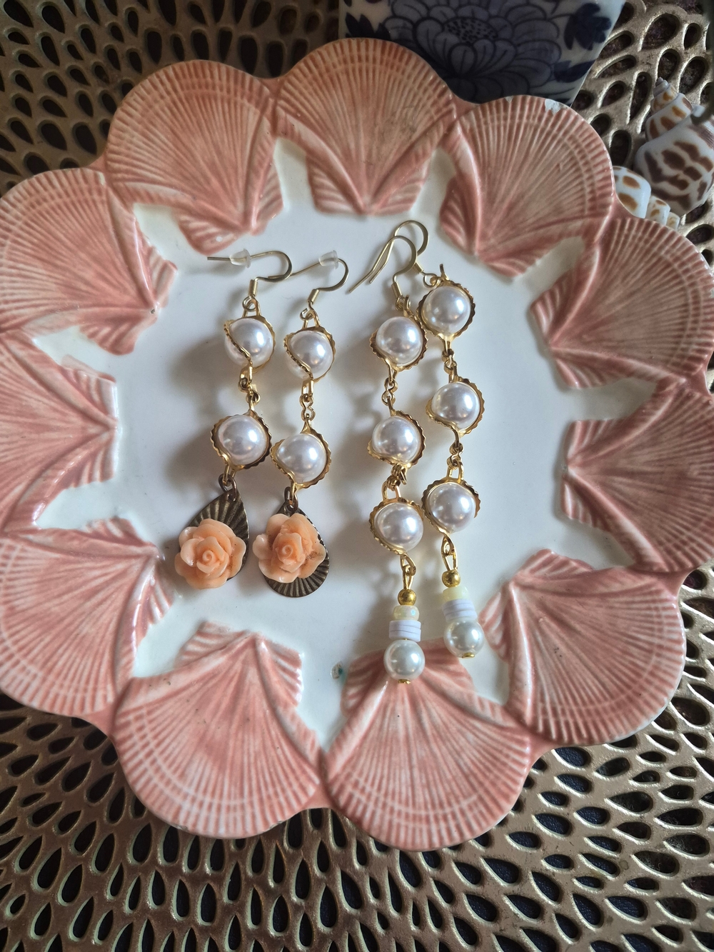Gold Pearl Dangle Earrings with Peach Rose Accent - Women Jewelry